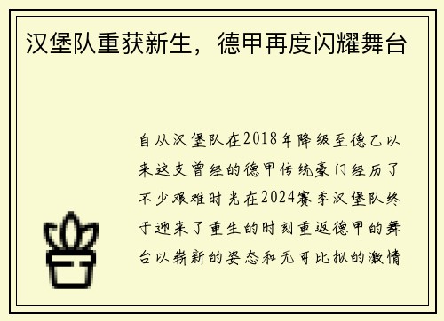 汉堡队重获新生，德甲再度闪耀舞台