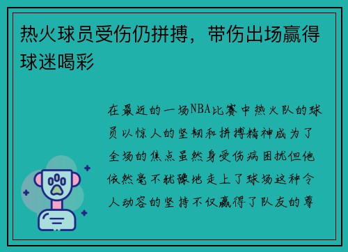 热火球员受伤仍拼搏，带伤出场赢得球迷喝彩
