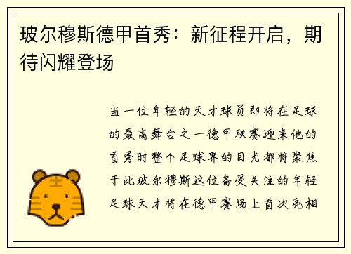 玻尔穆斯德甲首秀：新征程开启，期待闪耀登场