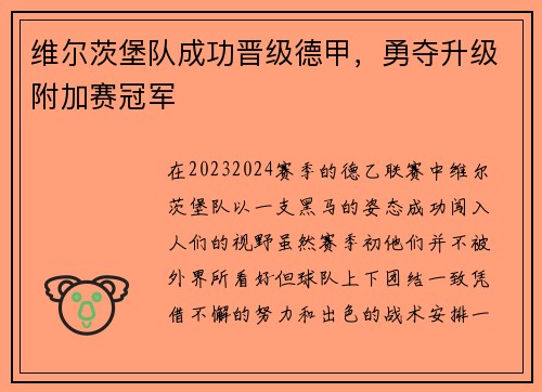 维尔茨堡队成功晋级德甲，勇夺升级附加赛冠军